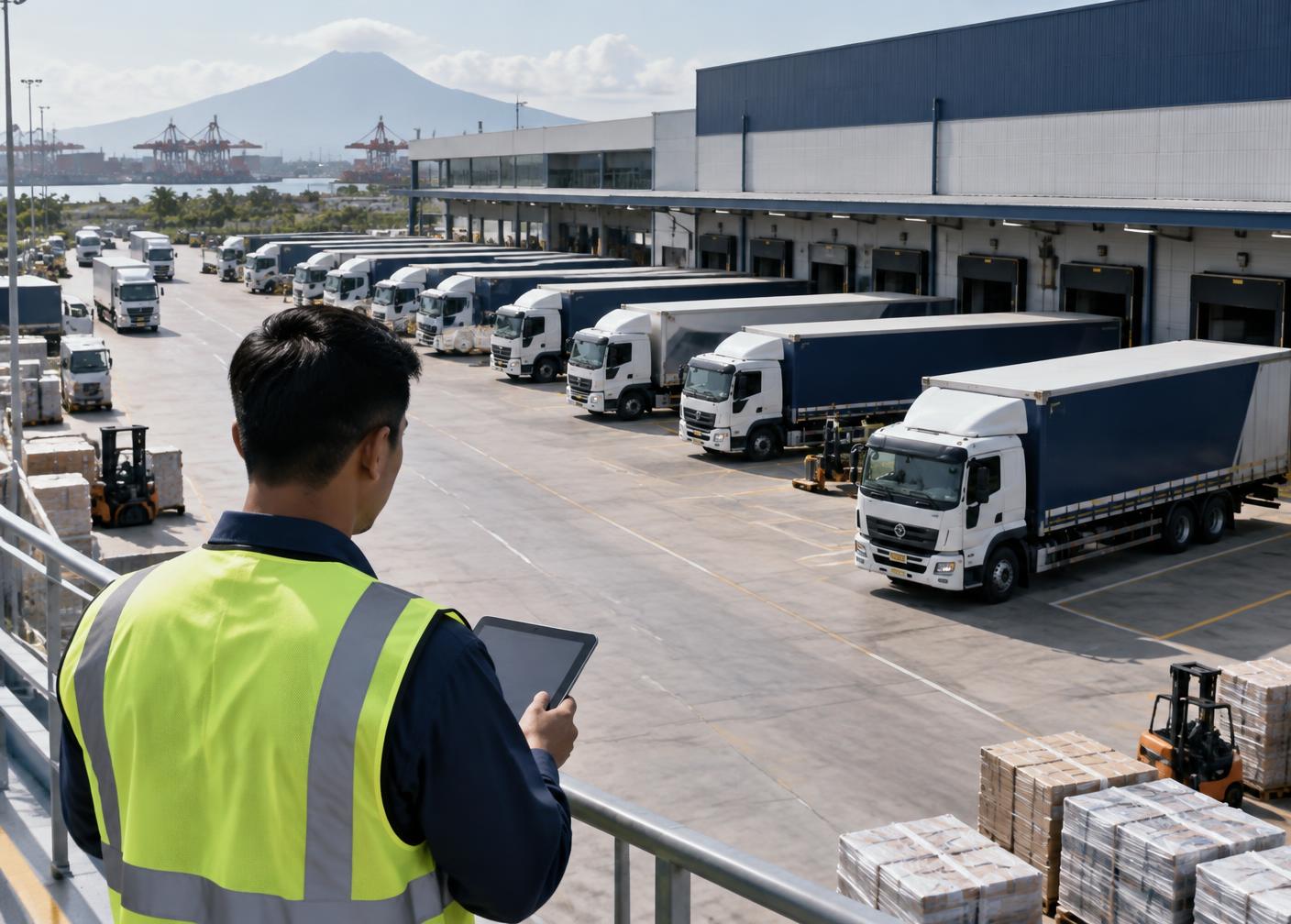 A transport fleet manager overseeing trucks at a distribution hub
