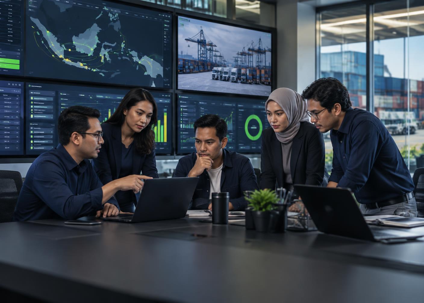 An enterprise technology team collaborating in a modern operations room