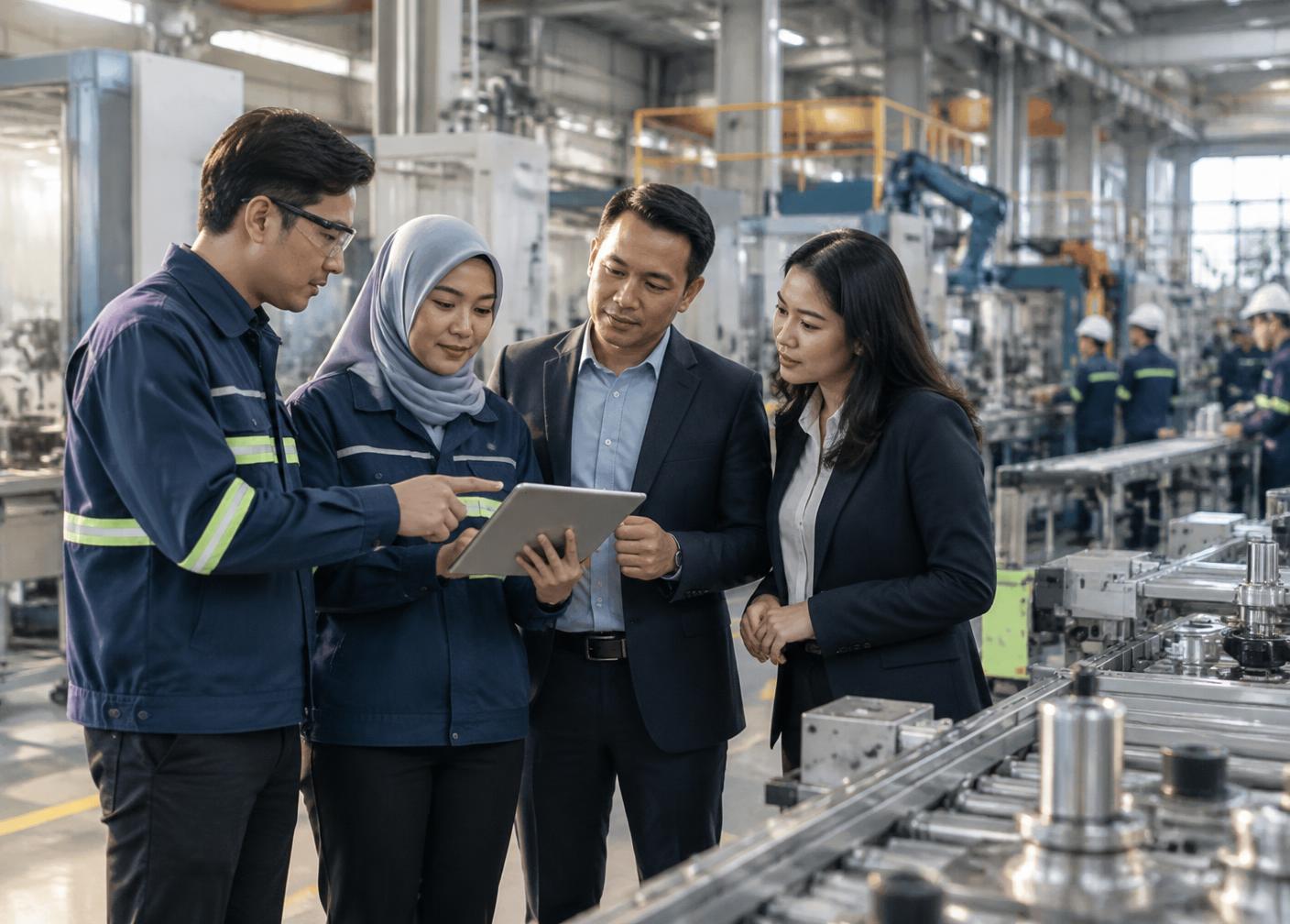 Manufacturing leaders reviewing operational data on a factory floor