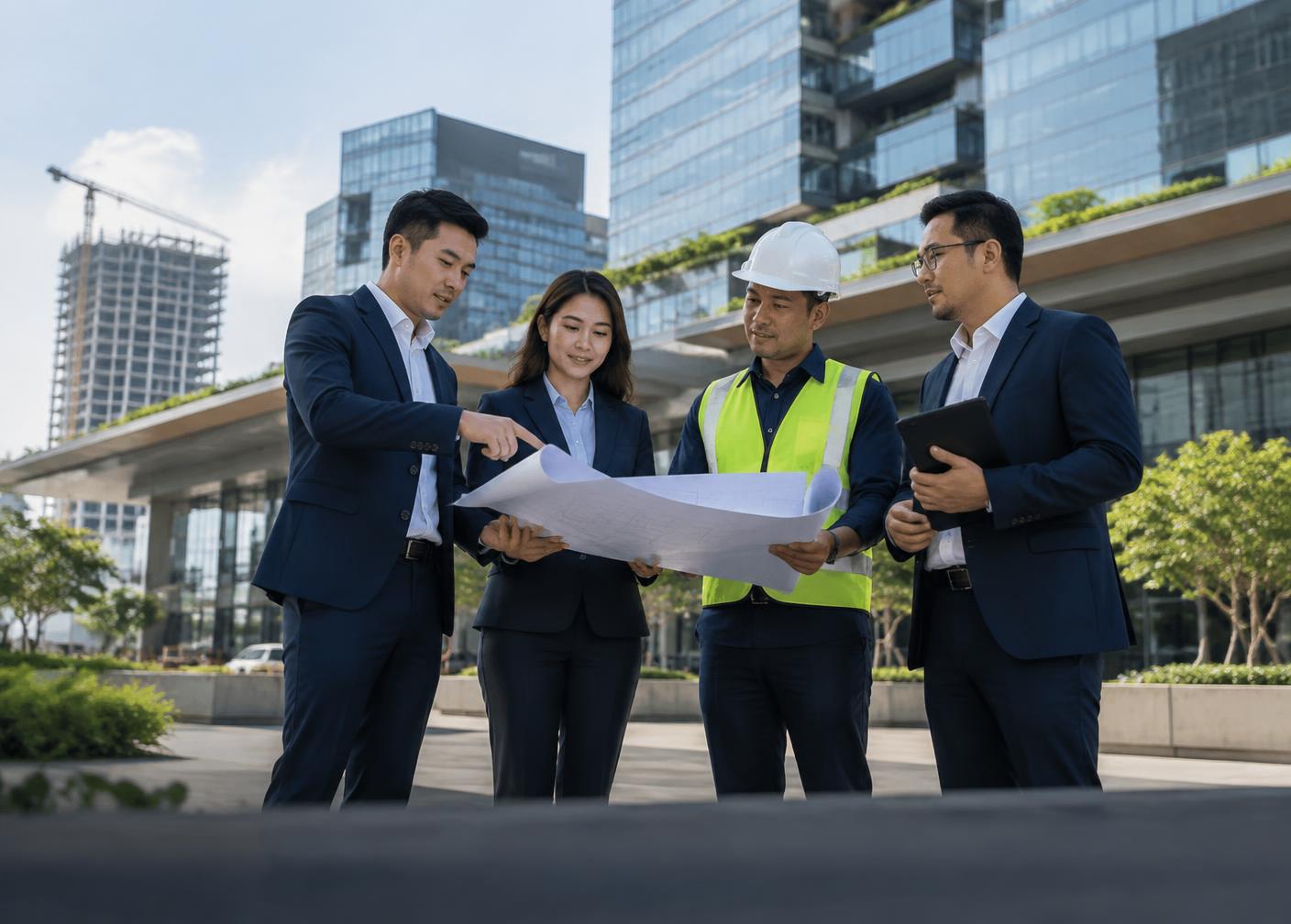Property executives reviewing plans at a modern commercial development