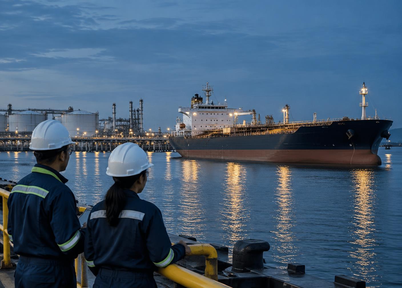 Maritime professionals observing a tanker at an industrial port